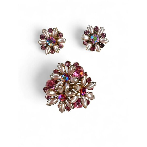 Unknown Jewelry - Vintage Flower Brooch Clip On Earrings Set Pink Crystal Faux Pearls